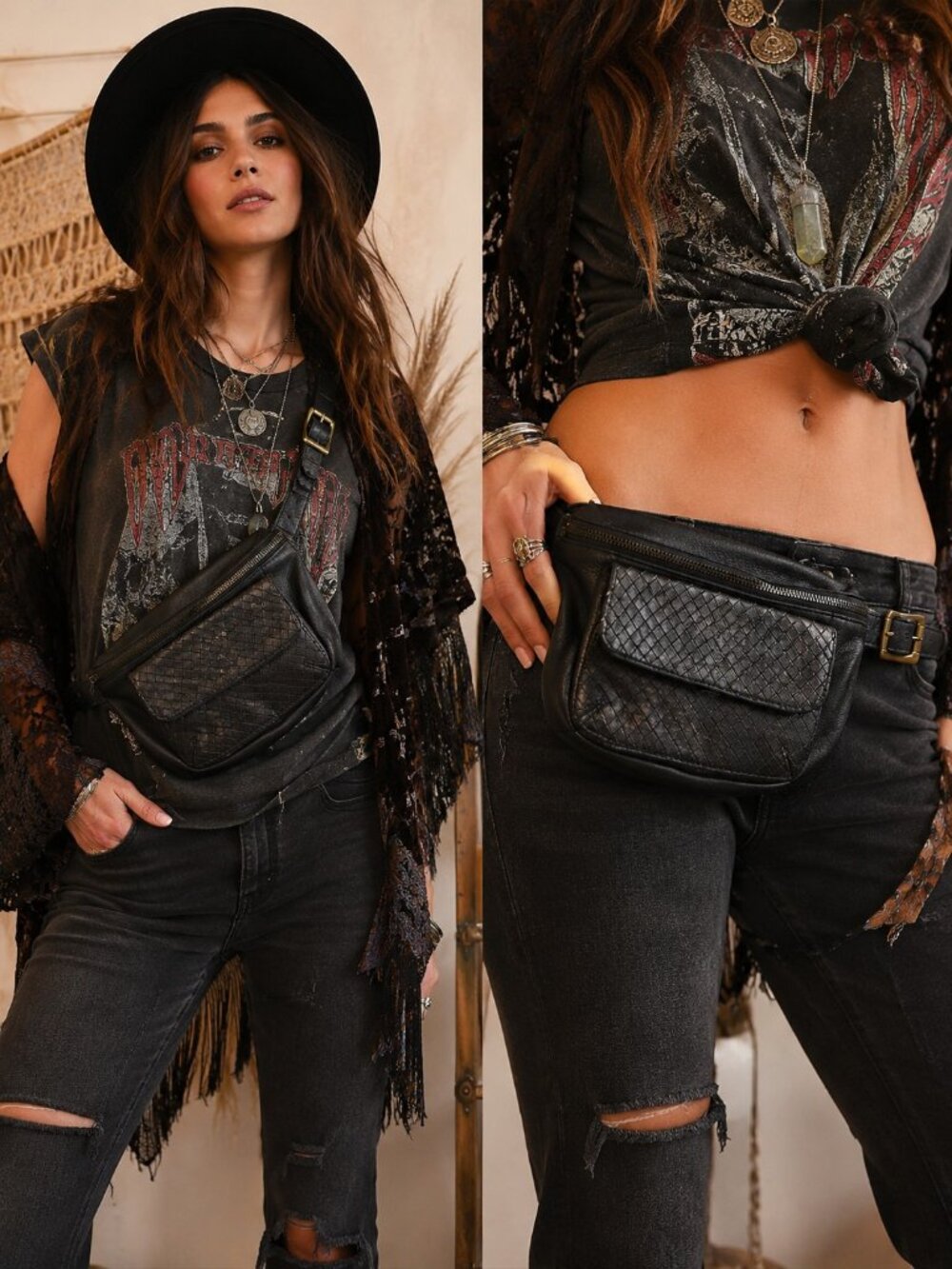 Free People Black Leather Convertible Belt Bag Woven Leather Waist Crossbody